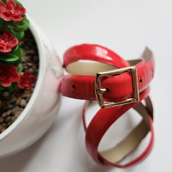 Vintage J Crew Factory Genuine Leather Skinny Red Belt Golden Buckle Size L - Picture 7 of 15